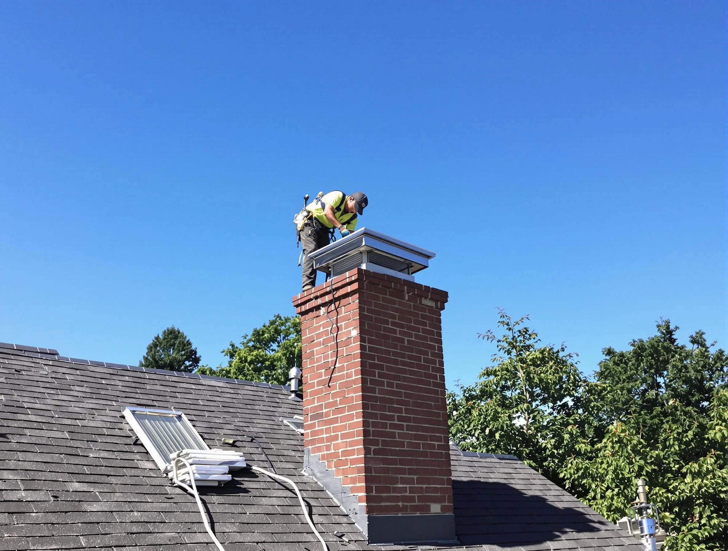 Columbia Chimney Sweep technician measuring a chimney cap in Columbia, TN